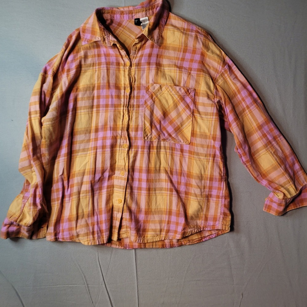 H&M Divided Orange Pink Plaid Flannel Button Down‎ Shirt Womens XS Oversized 339